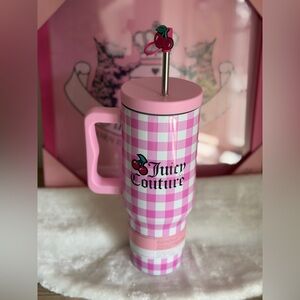 Juicy Couture Pink Gingham Plaid Cherry 40oz Tumbler Cup Topper Stainless Steel